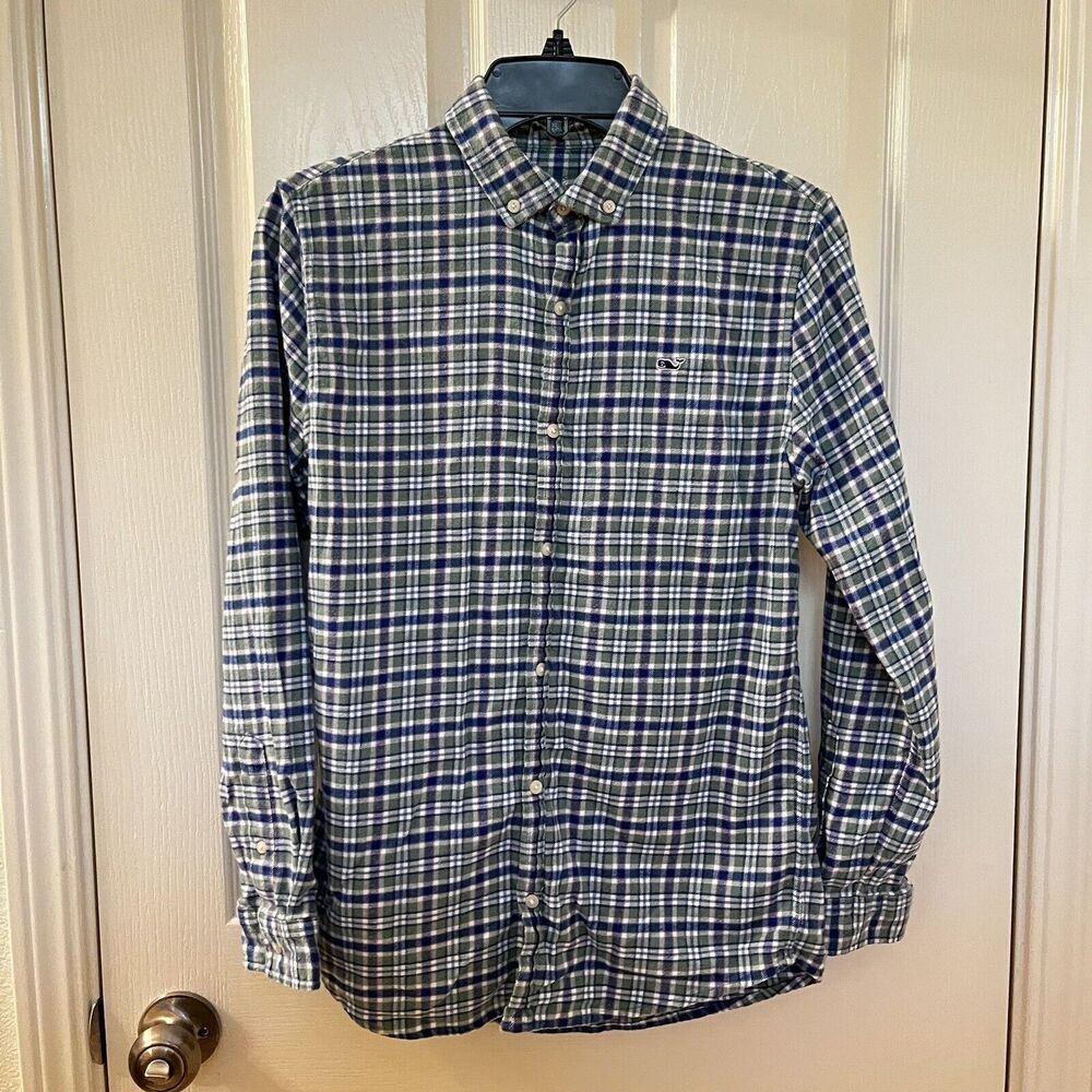Vineyard Vines Green Blue Plaid Flannel Whale Shirt Boys Size Large 14